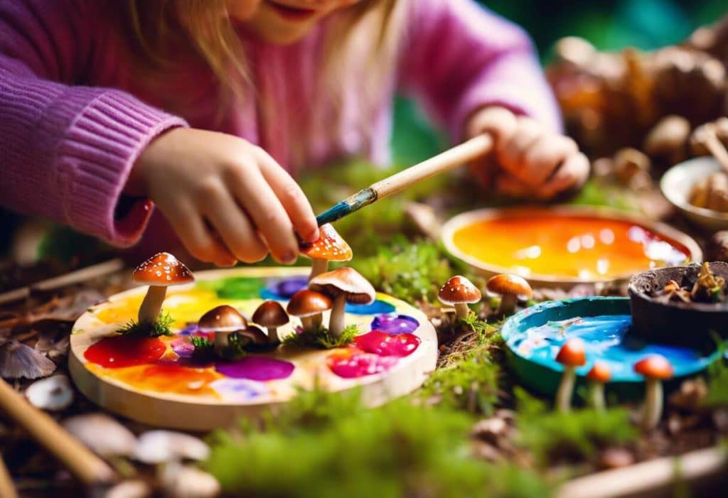 Comment créer une activité enfantine autour des champignons en peinture et collage ?