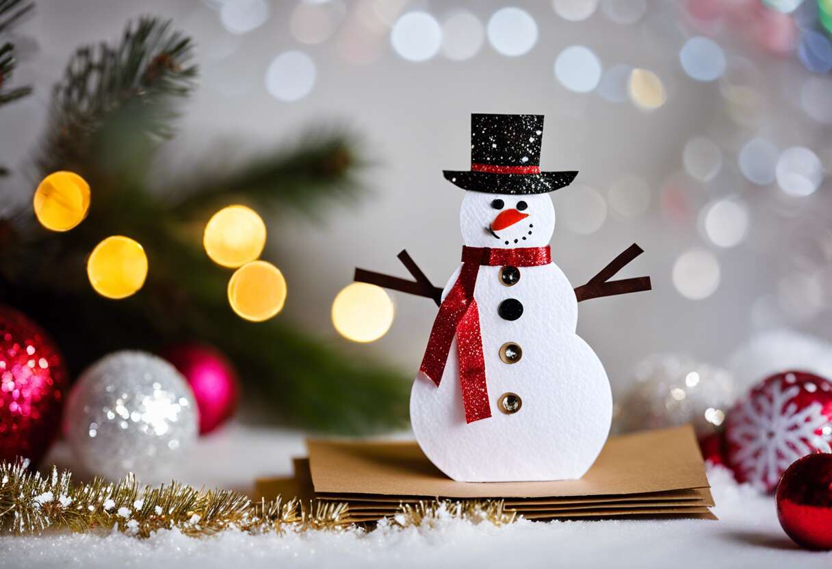 Comment créer une carte de voeux de Noël originale avec des paillettes et un bonhomme de neige ?